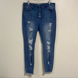 Kancan Jean Women’s Size 15/31 Medium Wash At Last Distressed Button Fly Jeans